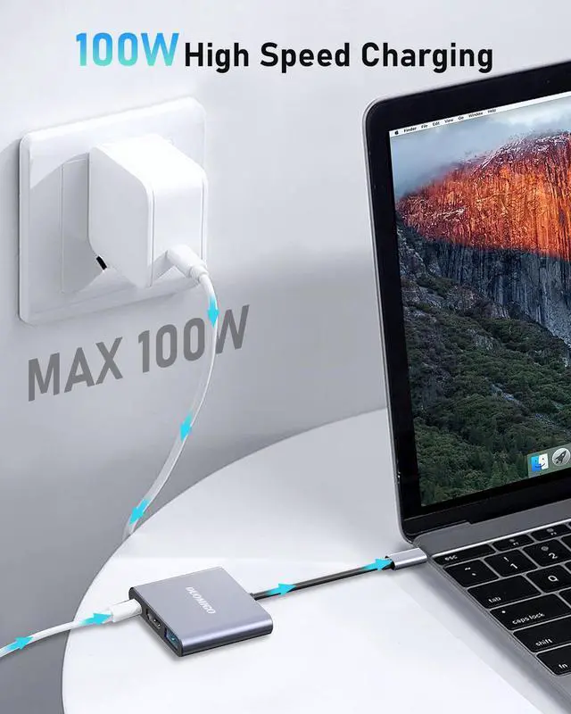 Alt view image 5 of 6 - Duomigo USB C Hub To HDTV Adapter, USB Hub 4K Video and Audio Converter. USB Hub with PD 100W Fast Charging and USB 3.0 Port 10Gbps