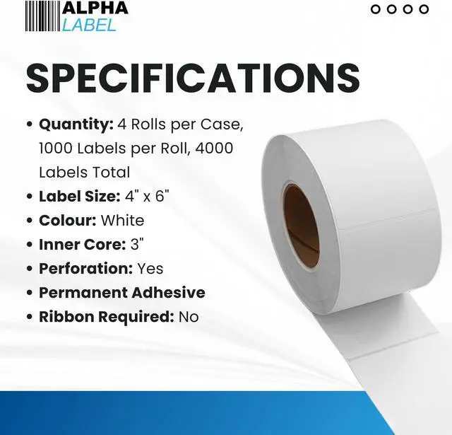 Alt view image 2 of 7 - ALPHA LABEL - 4" x 6" Direct Thermal Labels, 4 Rolls, 4000 Labels, 3 Core, No Ribbon Required, Made in Canada, Compatible with Zebra Industrial Printers