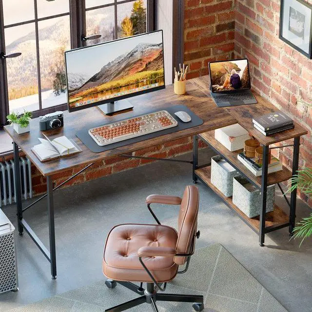 Alt view image 2 of 7 - Bestier Small L Shaped Desk with Shelves 47 Inch Reversible Corner Computer Desk Writing Gaming Storage Table for Home Office Small Space,Rustic Brown