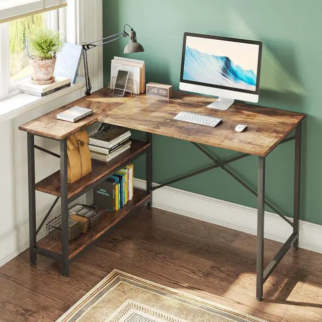 Alt view image 3 of 7 - Bestier Small L Shaped Desk with Shelves 47 Inch Reversible Corner Computer Desk Writing Gaming Storage Table for Home Office Small Space,Rustic Brown