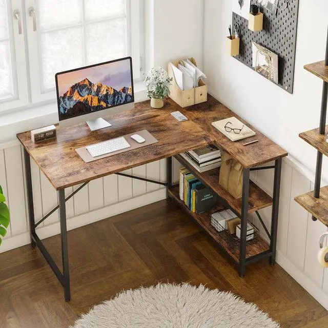 Alt view image 5 of 7 - Bestier Small L Shaped Desk with Shelves 47 Inch Reversible Corner Computer Desk Writing Gaming Storage Table for Home Office Small Space,Rustic Brown