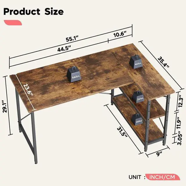 Alt view image 6 of 7 - Bestier Small L Shaped Desk with Shelves 47 Inch Reversible Corner Computer Desk Writing Gaming Storage Table for Home Office Small Space,Rustic Brown