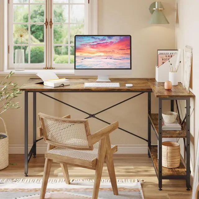 Alt view image 7 of 7 - Bestier Small L Shaped Desk with Shelves 47 Inch Reversible Corner Computer Desk Writing Gaming Storage Table for Home Office Small Space,Rustic Brown
