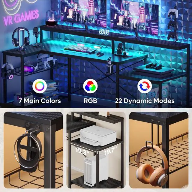 Alt view image 6 of 7 - Bestier Gaming Desk with Power Outlets & LED Light, 71.5" Computer Desk with Large Monitor Stand, L Shaped Corner Desk with Printer Storage Shelves, Cup Holder, and Headset Hooks for Home Office Black