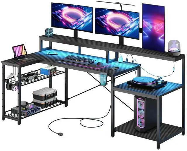 Main image of Bestier Gaming Desk with Power Outlets & LED Light, 71.5" Computer Desk with Large Monitor Stand, L Shaped Corner Desk with Printer Storage Shelves, Cup Holder, and Headset Hooks for Home Office Black