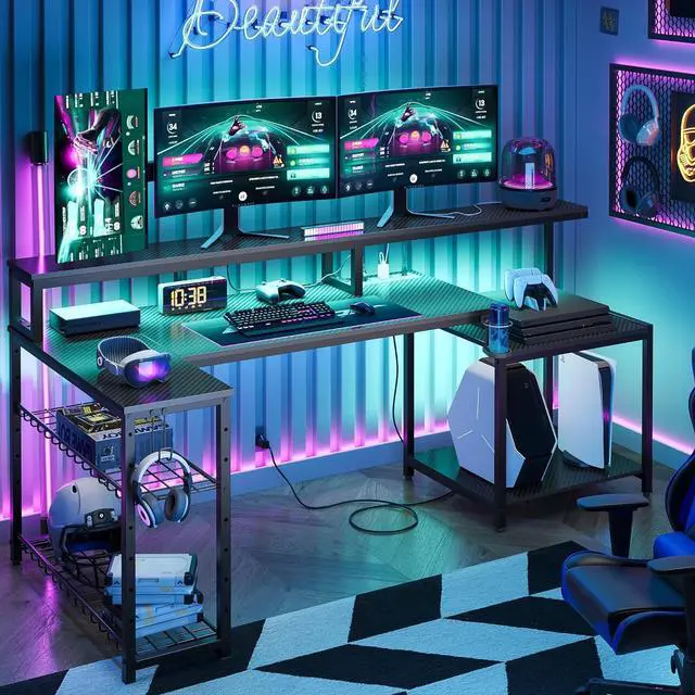Alt view image 2 of 7 - Bestier Gaming Desk with Power Outlets & LED Light, 71.5" Computer Desk with Large Monitor Stand, L Shaped Corner Desk with Printer Storage Shelves, Cup Holder, and Headset Hooks for Home Office Black