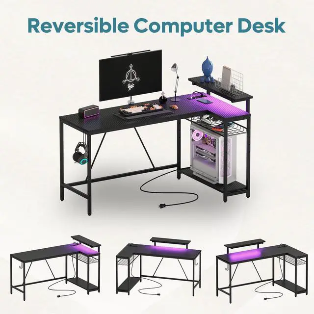 Alt view image 4 of 7 - Bestier L Shaped Gaming Desk with LED Lights & Power Outlets, 58'' Reversible Computer Corner Desk with Shelves, Carbon Fiber Black Home Office Workstation with Monitor Stand & Headphone Hook