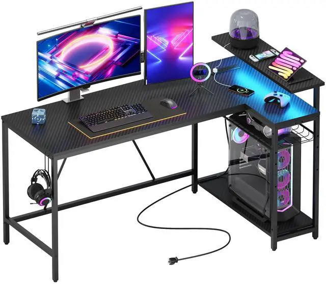Main image of Bestier L Shaped Gaming Desk with LED Lights & Power Outlets, 58'' Reversible Computer Corner Desk with Shelves, Carbon Fiber Black Home Office Workstation with Monitor Stand & Headphone Hook