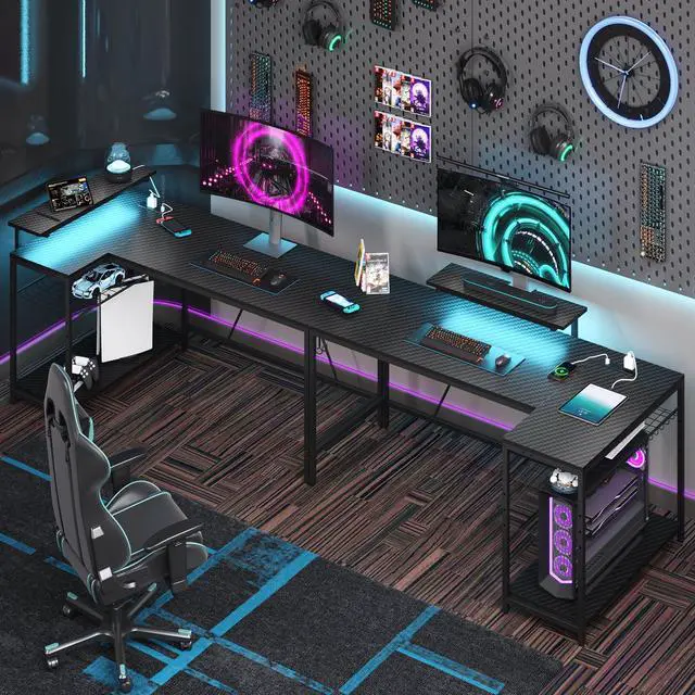 Alt view image 3 of 7 - Bestier L Shaped Gaming Desk with LED Lights & Power Outlets, 58'' Reversible Computer Corner Desk with Shelves, Carbon Fiber Black Home Office Workstation with Monitor Stand & Headphone Hook