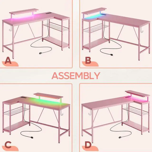 Alt view image 4 of 7 - Bestier L Shaped Gaming Desk with LED Lights & Power Outlets, 58'' Reversible Computer Corner Desk with Shelves, Home Office Workstation with Monitor Stand & Headphone Hook Carbon Fiber Pink