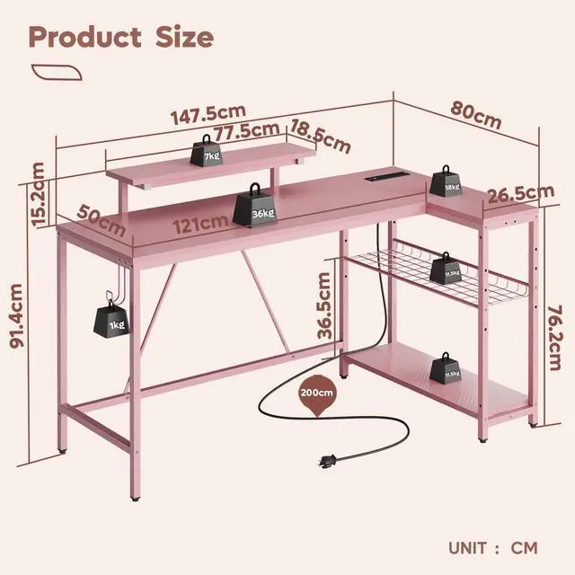 Alt view image 7 of 7 - Bestier L Shaped Gaming Desk with LED Lights & Power Outlets, 58'' Reversible Computer Corner Desk with Shelves, Home Office Workstation with Monitor Stand & Headphone Hook Carbon Fiber Pink