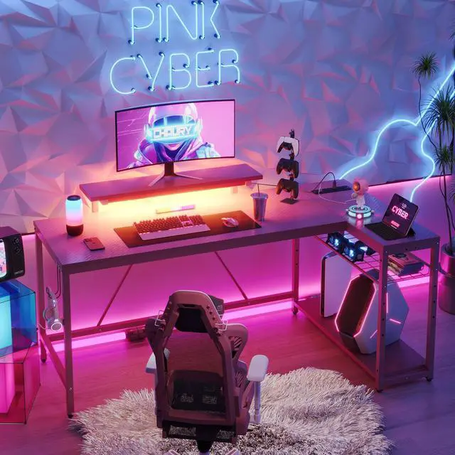 Alt view image 3 of 7 - Bestier L Shaped Gaming Desk with LED Lights & Power Outlets, 58'' Reversible Computer Corner Desk with Shelves, Home Office Workstation with Monitor Stand & Headphone Hook Carbon Fiber Pink