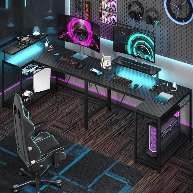 Alt view image 4 of 7 - Bestier 52" Gaming Desk with LED Lights L Shaped Desk with Power Outlet & Monitor Stand Corner Computer Desk in Carbon Fiber