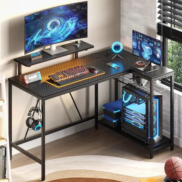 Alt view image 2 of 7 - Bestier 52" Gaming Desk with LED Lights L Shaped Desk with Power Outlet & Monitor Stand Corner Computer Desk in Carbon Fiber