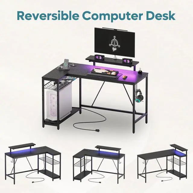 Alt view image 5 of 7 - Bestier 52" Gaming Desk with LED Lights L Shaped Desk with Power Outlet & Monitor Stand Corner Computer Desk in Carbon Fiber
