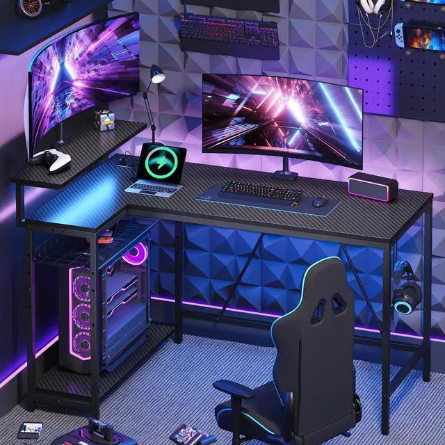 Alt view image 3 of 7 - Bestier 52" Gaming Desk with LED Lights L Shaped Desk with Power Outlet & Monitor Stand Corner Computer Desk in Carbon Fiber
