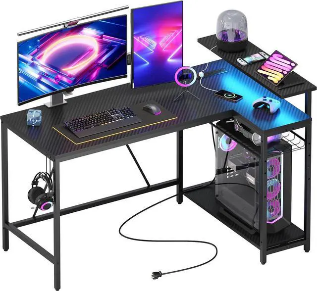 Main image of Bestier 52" Gaming Desk with LED Lights L Shaped Desk with Power Outlet & Monitor Stand Corner Computer Desk in Carbon Fiber