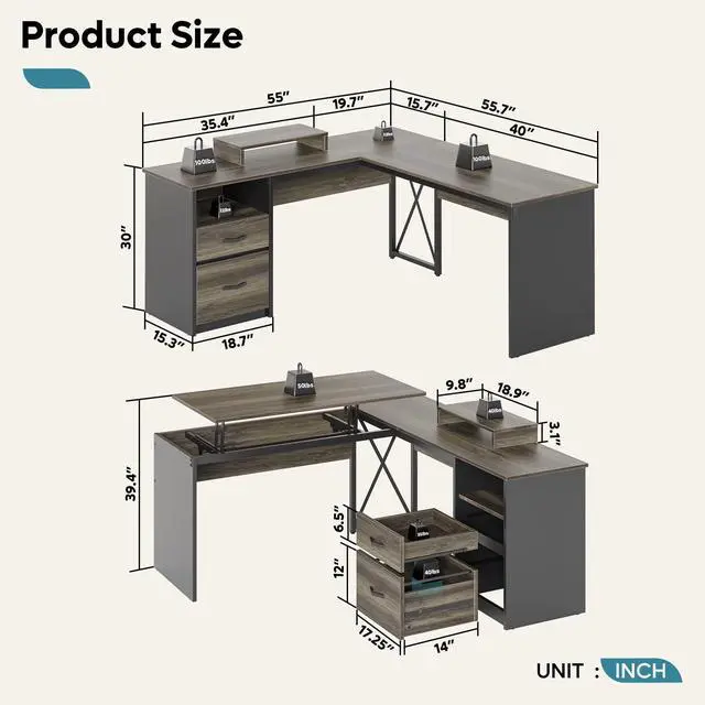 Alt view image 7 of 7 - Bestier 55.7 inch L-Shaped Lift Top Desk with Storage, Sit to Stand Computer Desk with Monitor Stand & File Drawer in Dark Grey