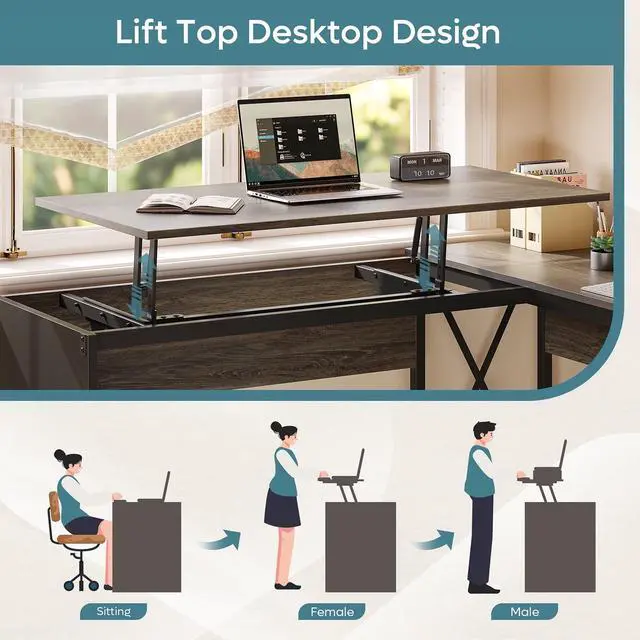 Alt view image 4 of 7 - Bestier 55.7 inch L-Shaped Lift Top Desk with Storage, Sit to Stand Computer Desk with Monitor Stand & File Drawer in Dark Grey