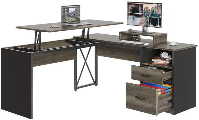 Main image of Bestier 55.7 inch L-Shaped Lift Top Desk with Storage, Sit to Stand Computer Desk with Monitor Stand & File Drawer in Dark Grey