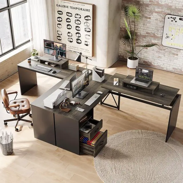 Alt view image 3 of 7 - Bestier 55.7 inch L-Shaped Lift Top Desk with Storage, Sit to Stand Computer Desk with Monitor Stand & File Drawer in Dark Grey