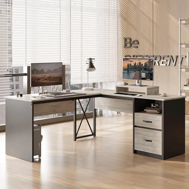 Alt view image 3 of 7 - Bestier 55.7 inch L-Shaped Lift Top Desk with Storage, Sit to Stand Computer Desk with Monitor Stand & File Drawer in Dark Grey Grey Oak