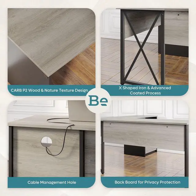 Alt view image 6 of 7 - Bestier 55.7 inch L-Shaped Lift Top Desk with Storage, Sit to Stand Computer Desk with Monitor Stand & File Drawer in Dark Grey Grey Oak