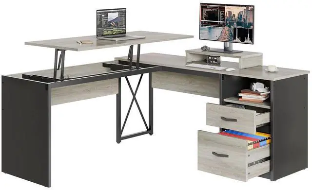 Main image of Bestier 55.7 inch L-Shaped Lift Top Desk with Storage, Sit to Stand Computer Desk with Monitor Stand & File Drawer in Dark Grey Grey Oak