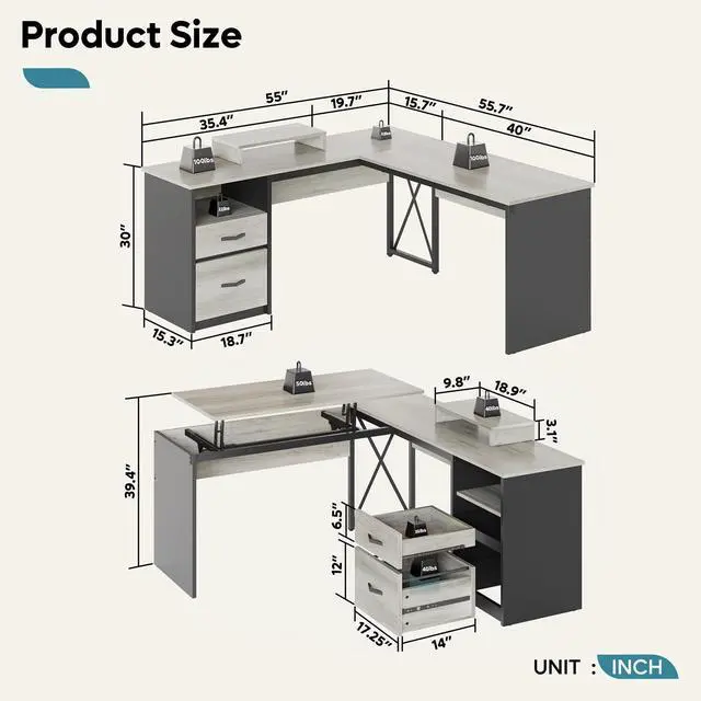 Alt view image 7 of 7 - Bestier 55.7 inch L-Shaped Lift Top Desk with Storage, Sit to Stand Computer Desk with Monitor Stand & File Drawer in Dark Grey Grey Oak