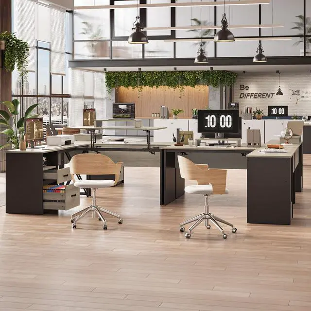 Alt view image 2 of 7 - Bestier 55.7 inch L-Shaped Lift Top Desk with Storage, Sit to Stand Computer Desk with Monitor Stand & File Drawer in Dark Grey Grey Oak