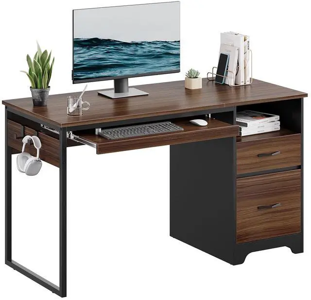 Main image of Bestier 48 Office Desk with Drawers, Computer Writing Desk with Keyboard Tray & 2 Hooks for Home Office, Cherry