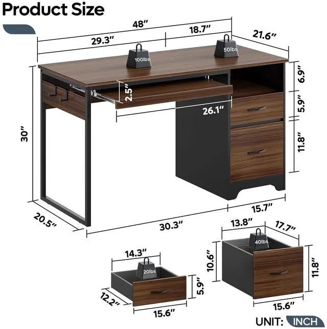 Alt view image 7 of 7 - Bestier 48 Office Desk with Drawers, Computer Writing Desk with Keyboard Tray & 2 Hooks for Home Office, Cherry