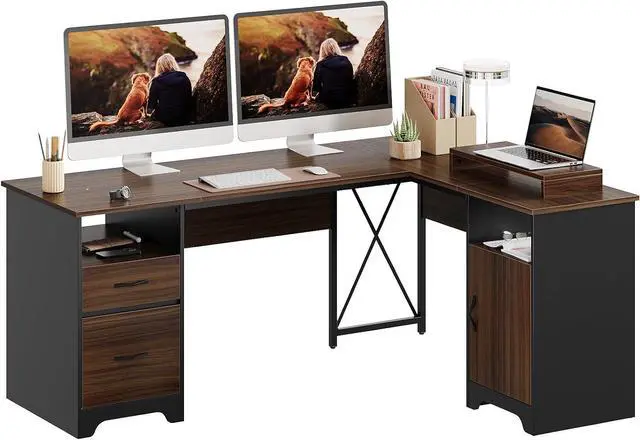 Main image of Bestier L Shaped Desk with File Drawers, 63" x 47" Office Computer Desk with Storage Cabinet, Corner Desk with Monitor Stand & Modesty Panel for Home Office, Cherry