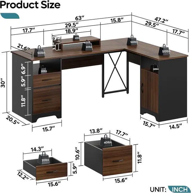 Alt view image 7 of 7 - Bestier L Shaped Desk with File Drawers, 63" x 47" Office Computer Desk with Storage Cabinet, Corner Desk with Monitor Stand & Modesty Panel for Home Office, Cherry