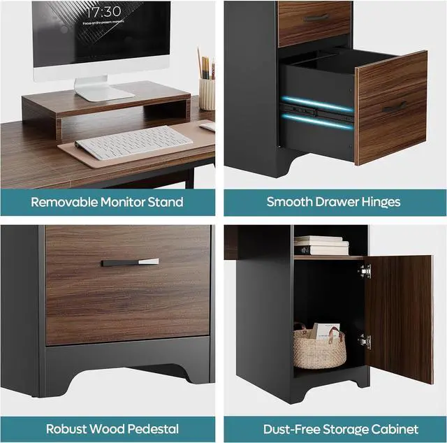 Alt view image 5 of 7 - Bestier L Shaped Desk with File Drawers, 63" x 47" Office Computer Desk with Storage Cabinet, Corner Desk with Monitor Stand & Modesty Panel for Home Office, Cherry