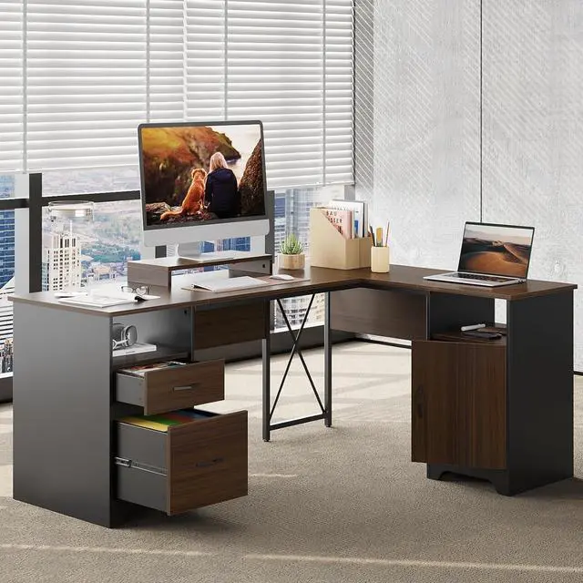 Alt view image 2 of 7 - Bestier L Shaped Desk with File Drawers, 63" x 47" Office Computer Desk with Storage Cabinet, Corner Desk with Monitor Stand & Modesty Panel for Home Office, Cherry