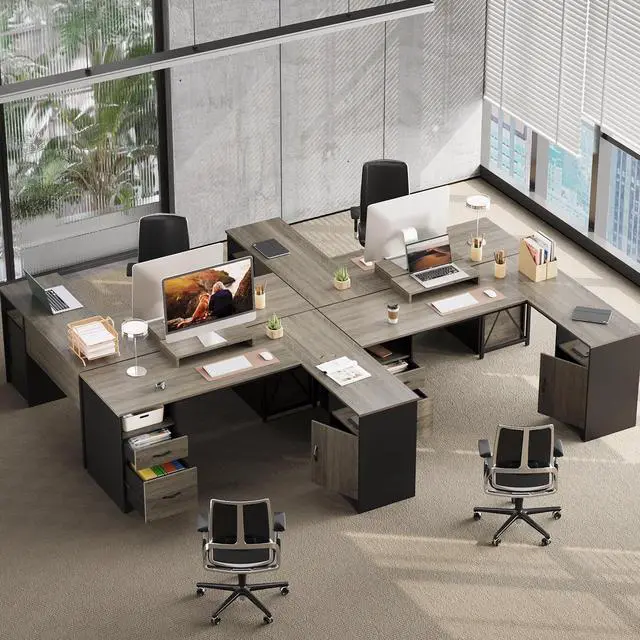 Alt view image 4 of 7 - Bestier L Shaped Desk with File Drawers, 63" x 47" Office Computer Desk with Storage Cabinet, Corner Desk with Monitor Stand & Modesty Panel for Home Office, Cherry Gray