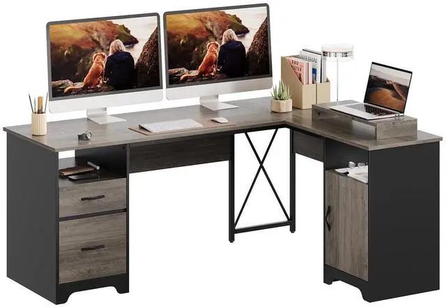Main image of Bestier L Shaped Desk with File Drawers, 63" x 47" Office Computer Desk with Storage Cabinet, Corner Desk with Monitor Stand & Modesty Panel for Home Office, Cherry Gray