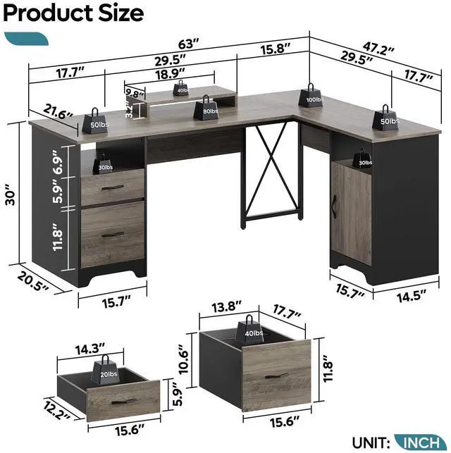 Alt view image 7 of 7 - Bestier L Shaped Desk with File Drawers, 63" x 47" Office Computer Desk with Storage Cabinet, Corner Desk with Monitor Stand & Modesty Panel for Home Office, Cherry Gray