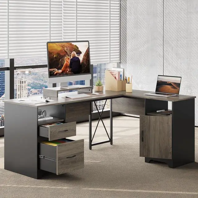 Alt view image 2 of 7 - Bestier L Shaped Desk with File Drawers, 63" x 47" Office Computer Desk with Storage Cabinet, Corner Desk with Monitor Stand & Modesty Panel for Home Office, Cherry Gray