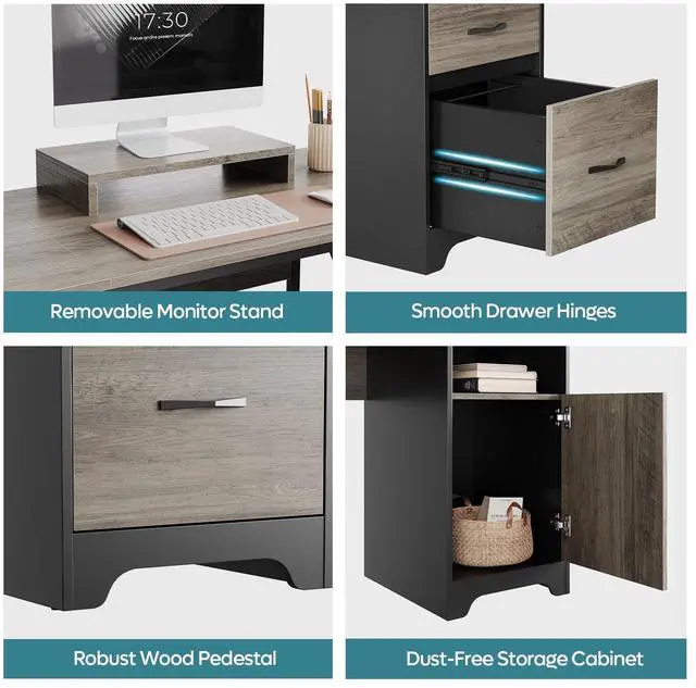 Alt view image 5 of 7 - Bestier L Shaped Desk with File Drawers, 63" x 47" Office Computer Desk with Storage Cabinet, Corner Desk with Monitor Stand & Modesty Panel for Home Office, Cherry Gray