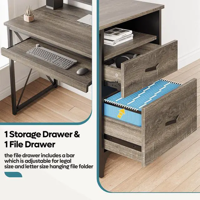 Alt view image 6 of 7 - Bestier 55 inch Computer Desk with Drawers Keyboard Tray Home Office Desk