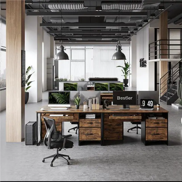 Alt view image 2 of 7 - Bestier 55 inch Computer Desk with Drawers Keyboard Tray Home Office Desk Rustic Brown