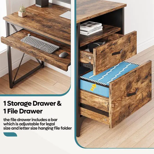 Alt view image 4 of 7 - Bestier 55 inch Computer Desk with Drawers Keyboard Tray Home Office Desk Rustic Brown