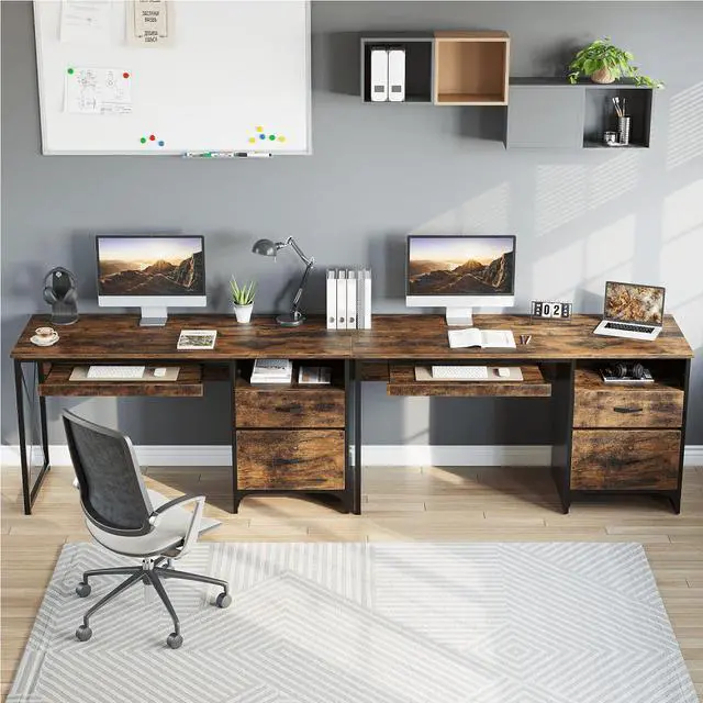 Alt view image 5 of 7 - Bestier 55 inch Computer Desk with Drawers Keyboard Tray Home Office Desk Rustic Brown