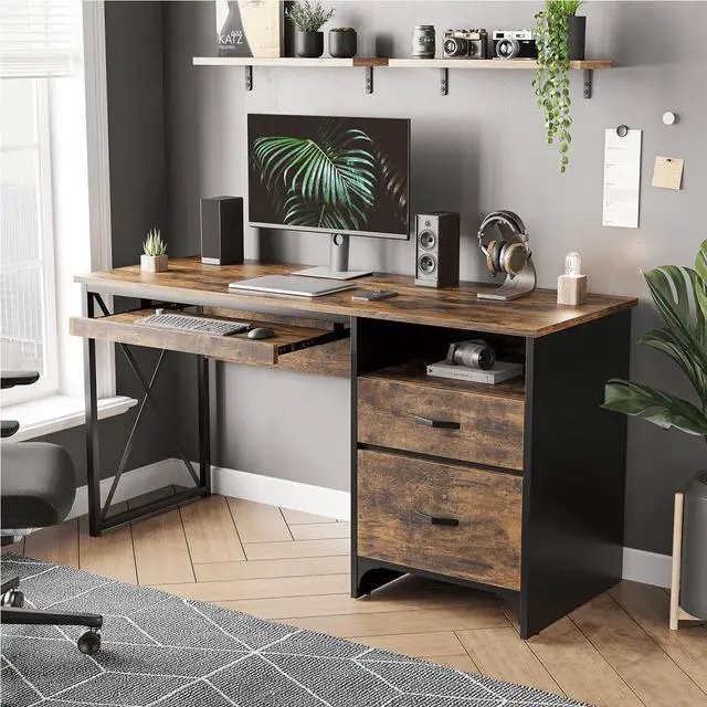 Alt view image 6 of 7 - Bestier 55 inch Computer Desk with Drawers Keyboard Tray Home Office Desk Rustic Brown