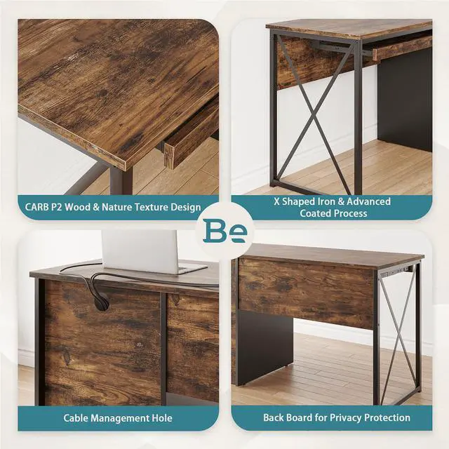 Alt view image 3 of 7 - Bestier 55 inch Computer Desk with Drawers Keyboard Tray Home Office Desk Rustic Brown