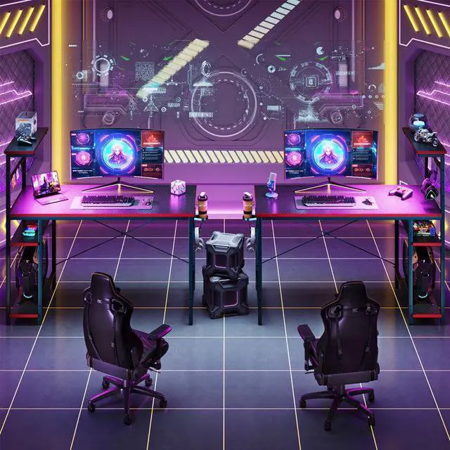 Alt view image 6 of 7 - Bestier 44" Rectangular Gaming Desk with RGB LED Lights and Adjustable Storage Shelves, Carbon Fiber Black Finish, with Foldable Cup Holder and Headphone Hook, Easy Assembly