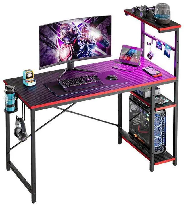 Main image of Bestier 44" Rectangular Gaming Desk with RGB LED Lights and Adjustable Storage Shelves, Carbon Fiber Black Finish, with Foldable Cup Holder and Headphone Hook, Easy Assembly