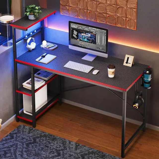 Alt view image 3 of 7 - Bestier 44" Rectangular Gaming Desk with RGB LED Lights and Adjustable Storage Shelves, Carbon Fiber Black Finish, with Foldable Cup Holder and Headphone Hook, Easy Assembly